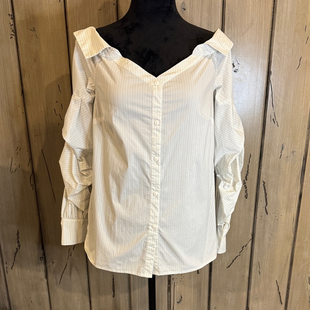 1. State Cream Pinstripe Off-Shoulder Button-Down Blouse